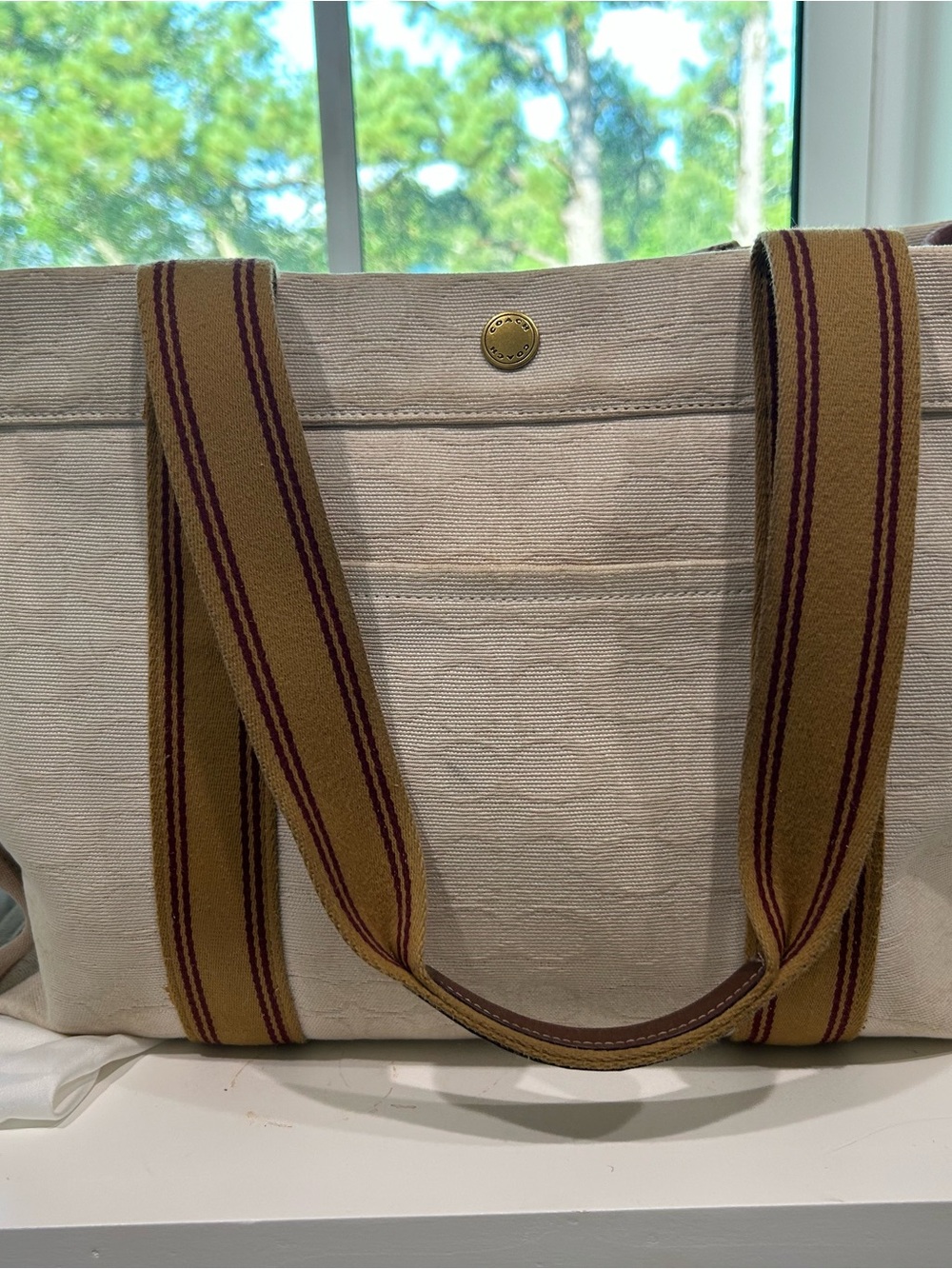 COACH Tote with Striped Shoulder Straps - Cream